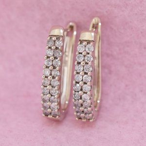 Ladies 14k Solid White Gold U Shaped Round Diamond Dual Row Hoops Earrings